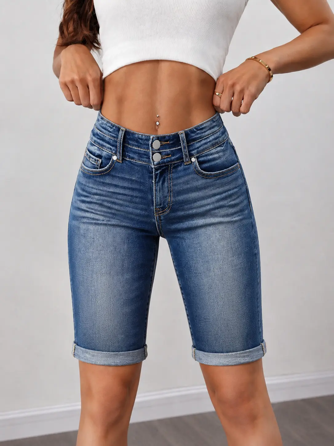 Women's Casual Mid-Rise Roll Cuff Stretch Denim Bermuda Shorts, Slim-Fit Knee-Length Cutoff Long Jean Shorts, Womenswear Bottoms