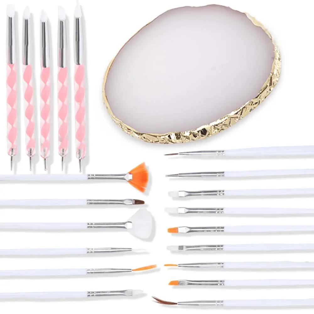 21 Pcs Nail Art Brushes Nail Art Tool Set Resin Palette Nail Art Painting Mixed Color 2 Way Acrylic Silicone Carving Pen Dotting Pen Tool Manicure Kit DIY Makeup Display Board for Home Salon - Home Improvement.