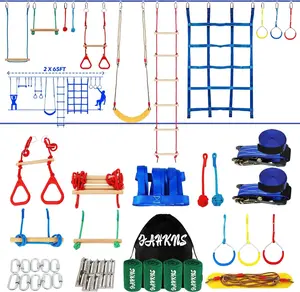 Ninja Warrior Obstacle Course Kids - 2 x 65ft Double Slacklines -Plenty of Exciting Obstacle Net Net Rope Ladder Monkey Bars - Ninja Course for Kids Outside, Kids Obstacle Course Backyard Playground Set