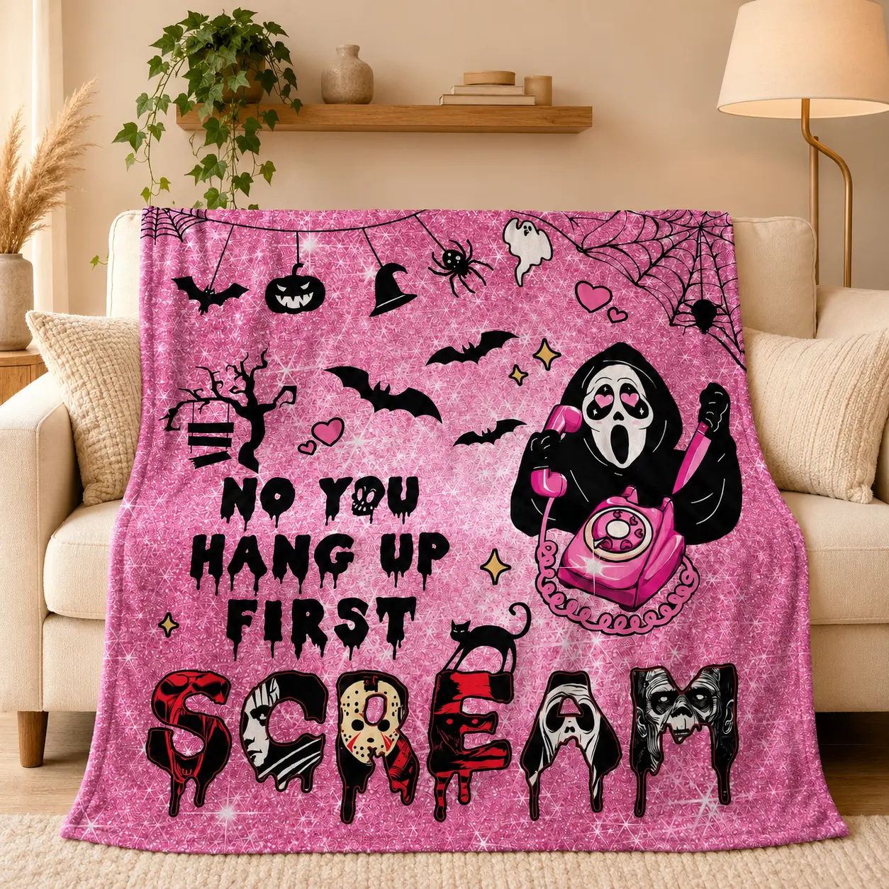 Cute Halloween Spooky Season Gift for Women Girls, Pink Glitter Horror Villains No You Hang Up First Ghostface Blanket, Horror Movie Soft Fleece Throw Blanket For Home Office Travel Camping Nap Blanket For Sofa Bed Couch