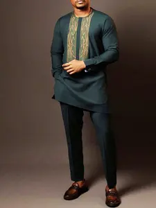 Traditional Muslim Set African Style Men's Wedding New Suit 2-Piece Round Neck Long Sleeve Top and Pants