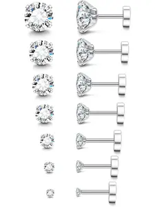 20g Hypoallergenic Flat Back Earrings Ear Studs for Women Men Silver Color Surgical Steel Stud Earrings, Cubic Zirconia Cartilage Jewelry for Sensitive Ears