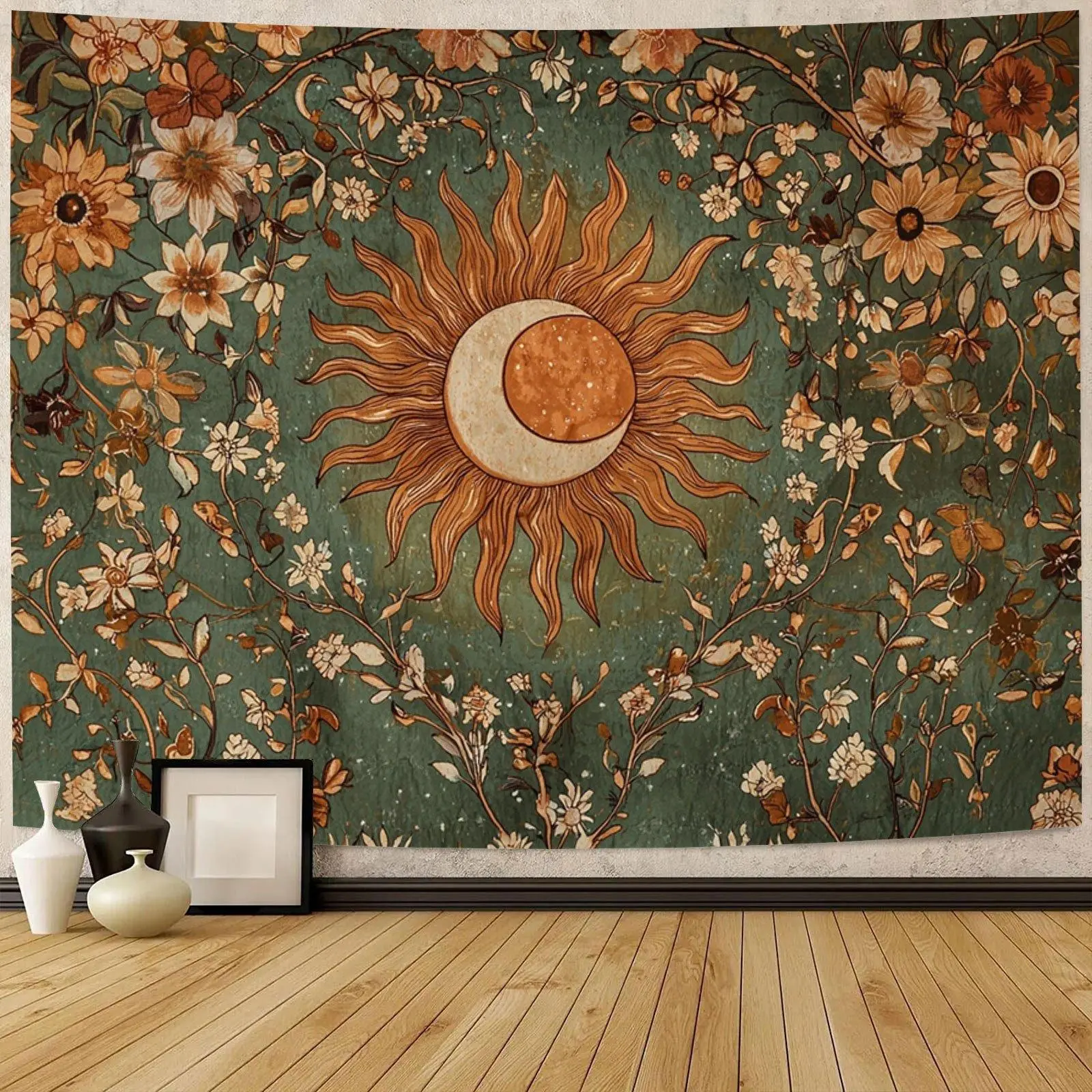 Sun and Moon Tapestry - Vintage Bohemian Wall Hanging with Green Floral Design Featuring the Sun and Crescent Moon. Polyester Tapestry for Wall Decor in Living Rooms, Bedrooms, Offices, Home Decor, Room Decor, and Party Decorations