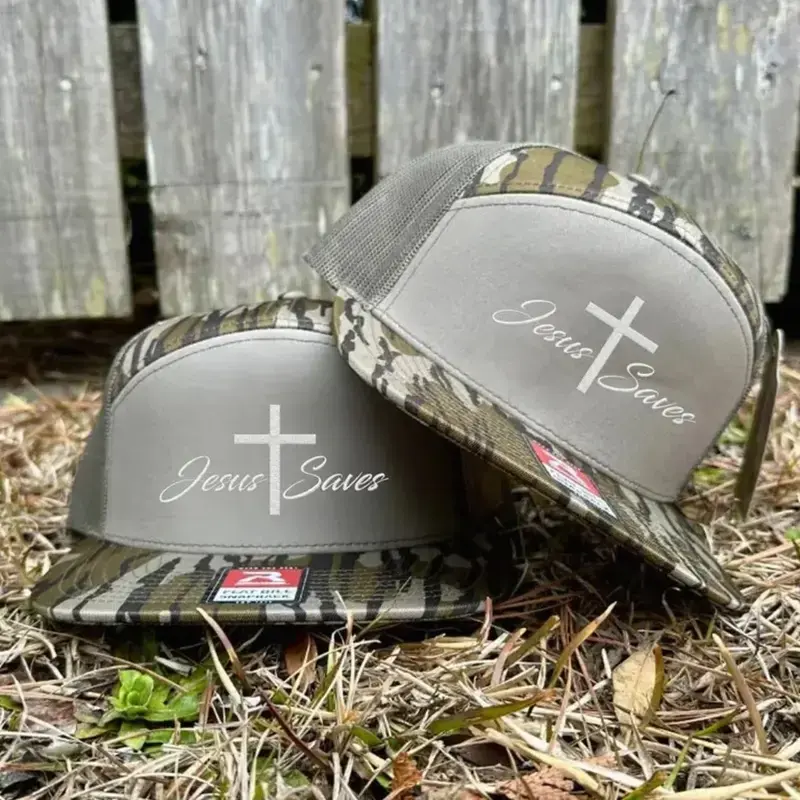 [ Buy 2 For 1 Price ] Jesus Saves Embroidered 7 Panel Hat – Brown/Khaki/Brackish/Bottomland Camo/White/Black Mesh Snapback, Christian Faith Trucker Cap