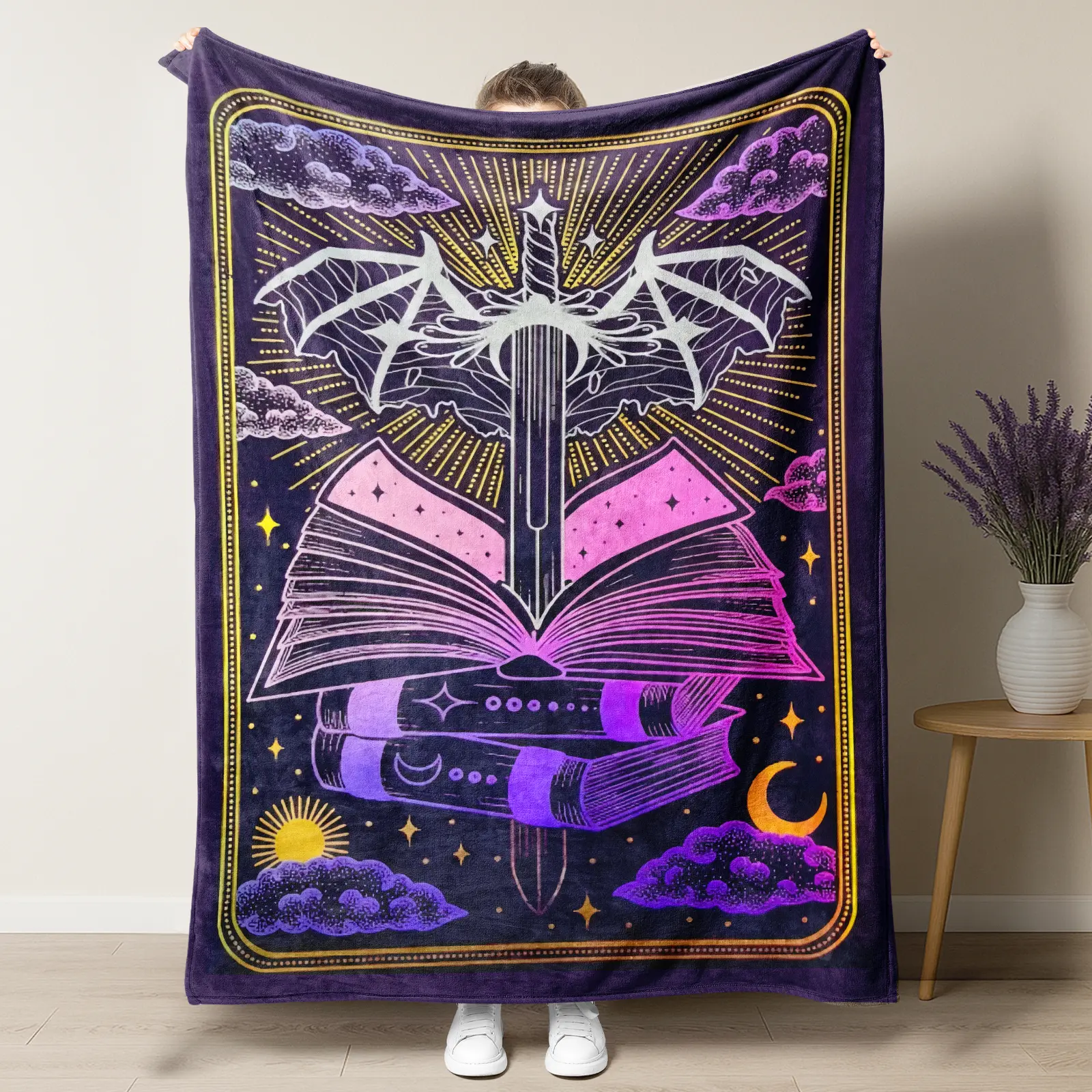 Fantasy Bookish Dragon Sword Flannel Blanket,Tarot Style Open Book Lightweight Throw,Purple Celestial Stacked Books Flannel Blanket for BookTok & Dark Academia Lovers,summervibes