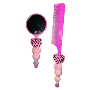 Handmadr Beaded Mirror and Comb Combo with Decorative Beads and Heart Design, Pink Color