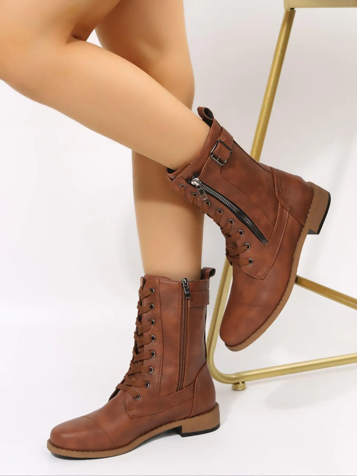 Women's 1 Pair Minimalist Round Toe Mid-calf Boots, Fashionable Side Zip Low Heel Combat Boots for Fall & Winter, Casual Plain Lace up Decor Work Boot