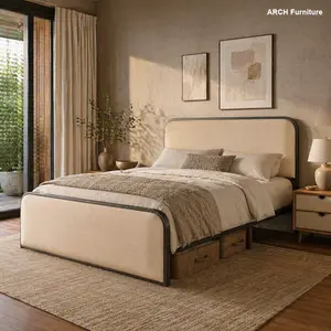 ARCH Modern Metal Bed Frame with Curved Upholstered Headboard and Footboard Bed with Under Bed Storage, Heavy Duty Metal Slats, Queen Size, Beige    RR, Bed Frames For Queen, Queen Sized Bed Frame, 800Lb