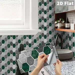 FG 6/24/48 PCS Green Gray Hexagon Mosaic Peel and Stick Tiles, PVC Crystal Film Fake Marble Look Stickers, Waterproof Oil-Proof Backsplash for Kitchen Bathroom, DIY Wall Floor Tile Decor