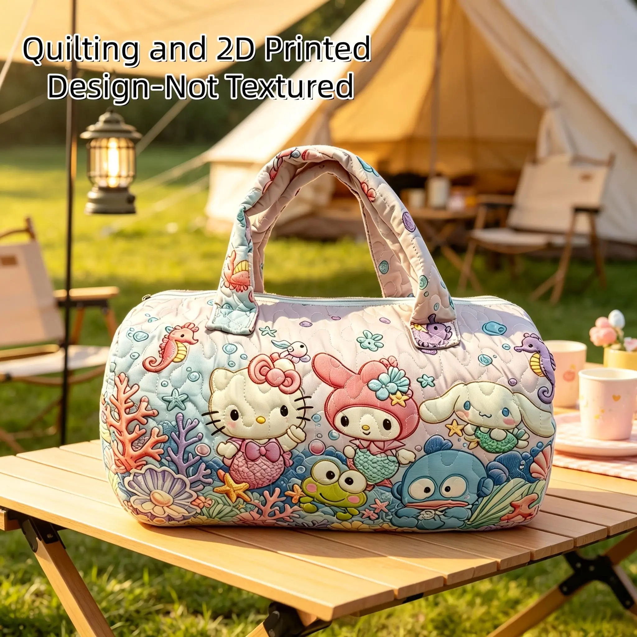 1pc Dreamy Underwater Mermaid Quilted Cylinder Handbag 2D Printed Design - Non-Textured Sanrio  Kitty, My Melody, Cinnamoroll, Mermaid Ocean Suitable for Women Travel Bag Halloween Christmas Gift