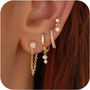 14k Dangle Huggie Earrings for Women Trendy Dainty Gold Hoop Earring Stacks Pearl Chain Drop Cartilage Earring Fashion Womens Jewelry