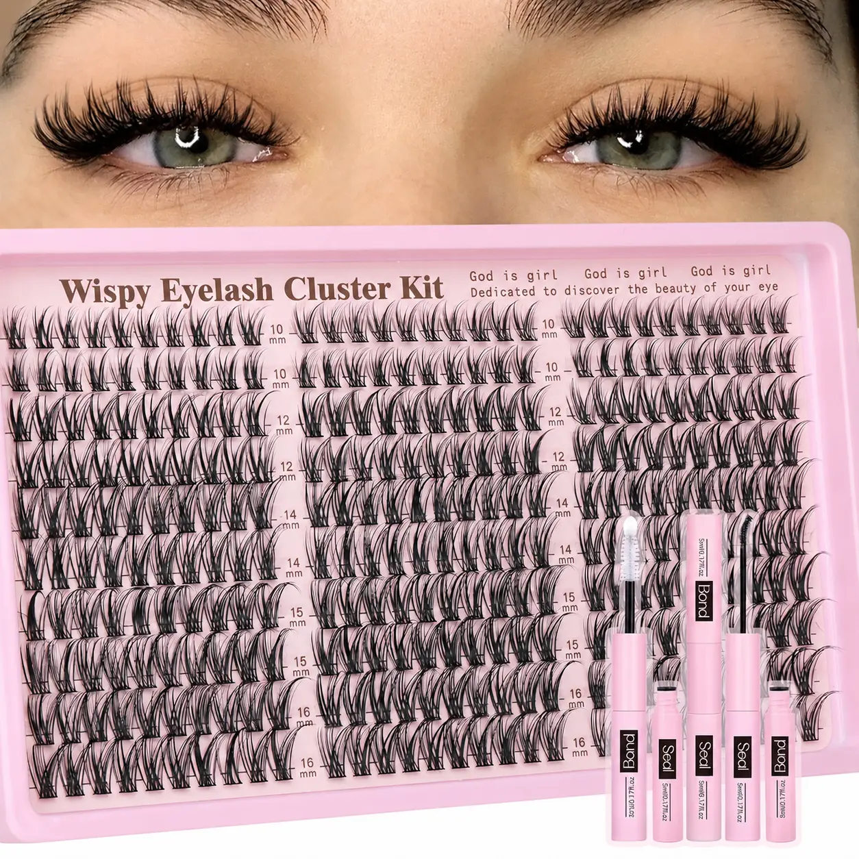 Cosmetic Wispy Lash Clusters Kit - 300pcs 10-16mm Mixed C Curl Wispy Lightweight DIY Eyelash Extensions, Beginner-Friendly for Daily Nature Anime Lashes & Doll Makeup Flawless Look, False Eyelashes & Adhesives, Youth, Doll Eye False Eyelashes & Adhesives