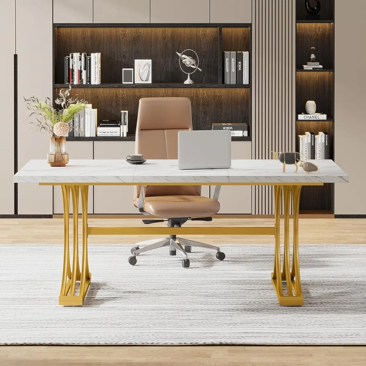 Emoottoo TB-XK00727 63 in. Modern Executive Desk with Stylish Gold X-Legs, Faux Marble Top - Large - White & Gold