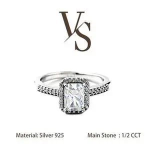 [Venus Jewelry] Synthetic Mossianite 1CT 2CT Radiant Embarld Shape Halo Design Silver 925 Ring