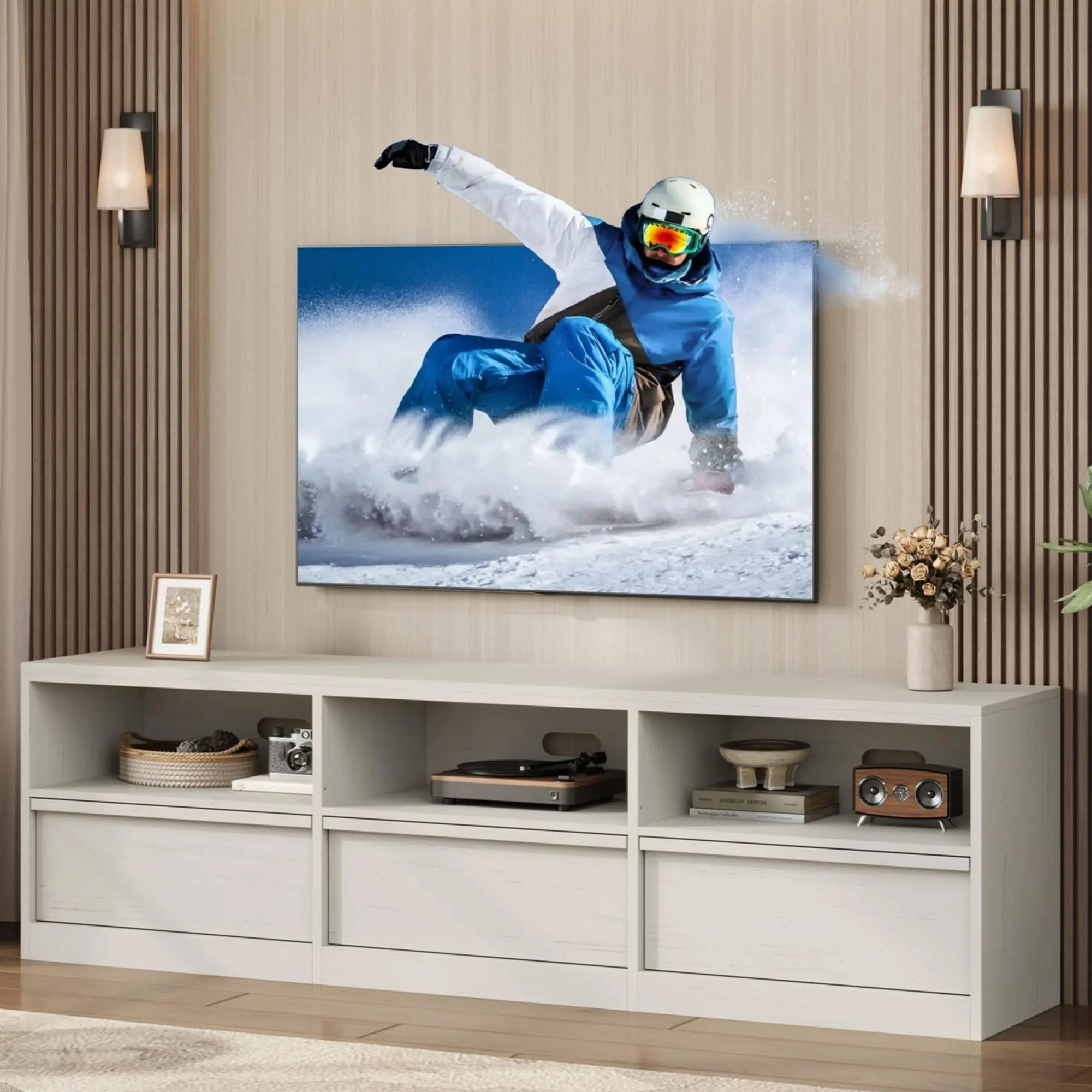 Garvee 70in Mid-Century Modern TV Stand for 80in TVs - Wood Media Console with Storage Drawer, Open Shelves, Room Accessories for Living Room, White