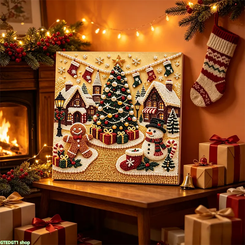 7.87 x 7.87-inch Frameless 3D Pearlescent Christmas-Themed Diamond Painting – Christmas Wreath and Stocking Mosaic Art; Stress-Relieving DIY Home Wall Decor homedecor