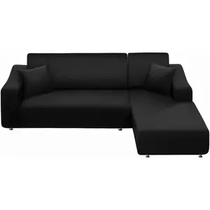 Couch Cover L Shape 2 Pieces Sofa Cover Soft Stretch Slipcovers with 2pcs Pillowcases Furniture Protector Sectional Couch Covers 3 + 3(Black)