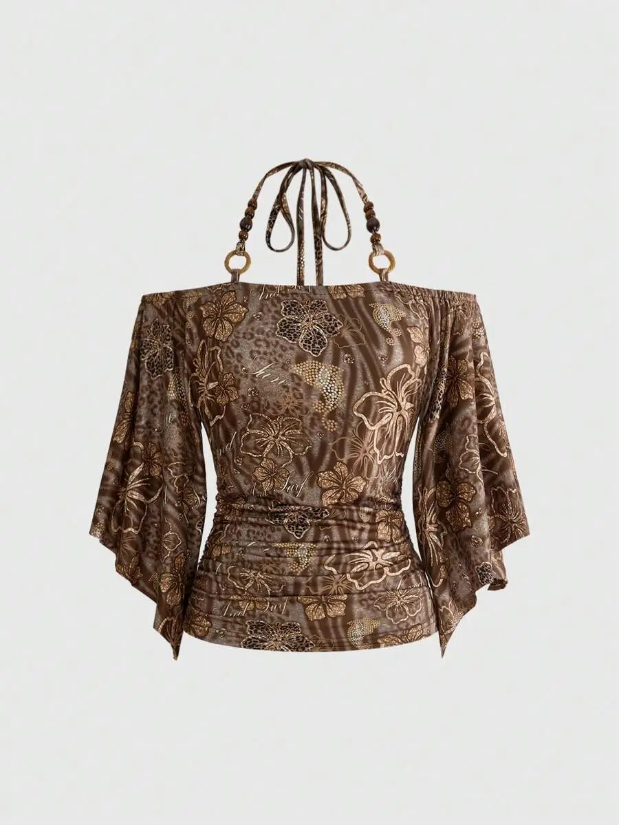 HANNA x Hippie Vintage Loose Off Shoulder Wooden Bead Decor Batwing Sleeve Women T-Shirt
