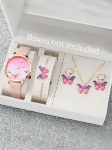 5PCS/Set Women's Watch Fashion Butterfly Dial Leather Band Quartz Watches Jewelry Set（Without Box）