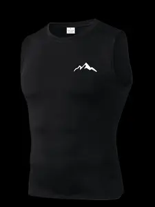 Men's Short Sleeve Sporty Slim-Fit Tee, Quick-Dry Breathable Fabric, Mountain Print, Ideal for Gym, Running, Boxing, Outdoor Activities