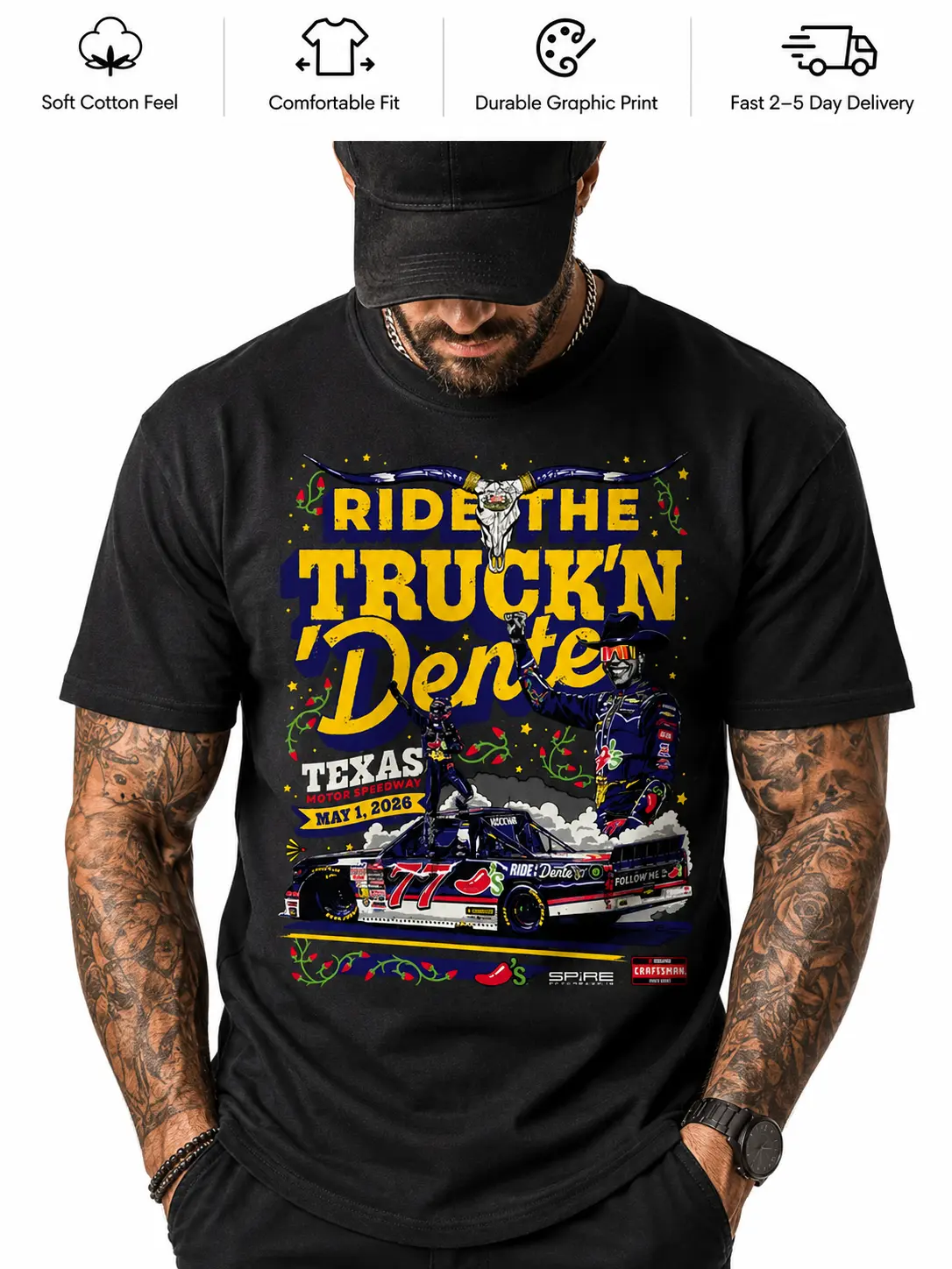Carson Hocevar #77 Ride The Truck'n Dente T-Shirt, Texas Motor Speedway NASCAR Craftsman Truck Graphic Tee for Race Day Fans | Menswear & Underwear - Men's Tops - T-shirts - Men's Short-sleeve T-shirts