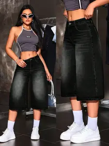 Plus Size Women's Retro Wide Leg Denim Shorts, High Waist Slimming Loose Seven-Eighths Pants, Perfect for Daily Wear, Street Style