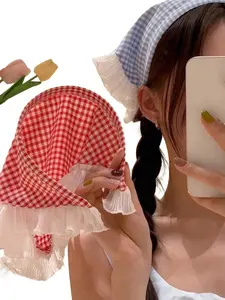 5 Pcs Plaid Candy Color Triangle Hair Bands, Lace Trim Design, Cute Country Style Hair Accessories, Ideal for Summer Outing, Travel, Party, Date