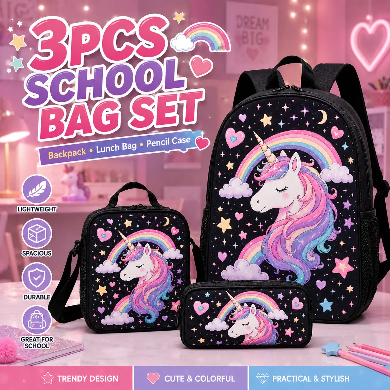 3PCS Rainbow Unicorn Print School Backpack Set, Large Capacity Backpack with Lunch Bag & Pencil Case, Lightweight Bookbag for School, Travel & Daily Use