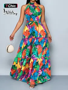 Aliling Summer Casual Vacation Printed Women's Dress, Halter Neck Sleeveless Long Dress, Slim-Fitting Plant Pattern, Fashionable Summer