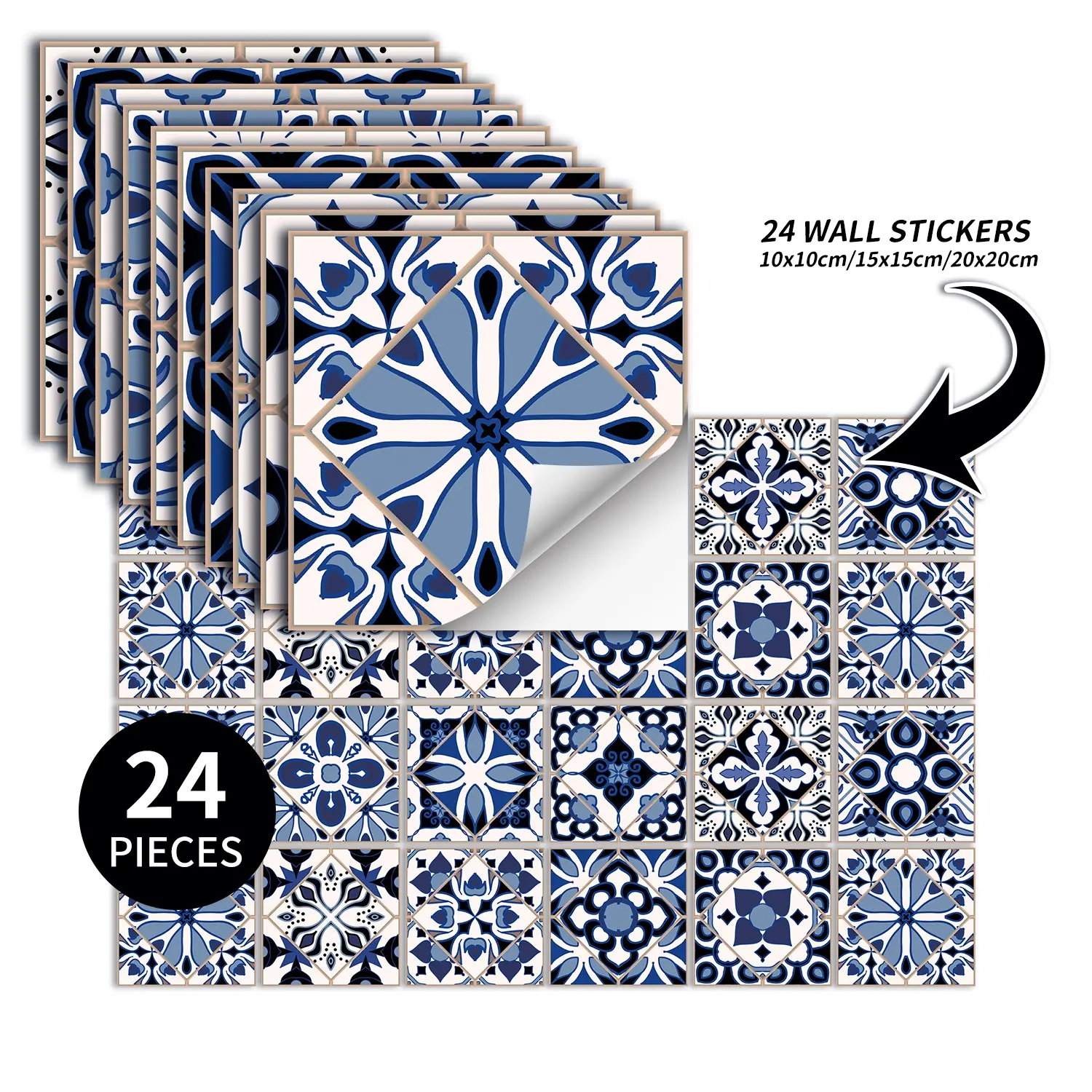 24pcs Vintage Blue Floral Tile Stickers, Waterproof and Easy to Apply, Suitable for Kitchen, Bathroom, and Living Room Wall Renovation, 3.94in x 3.94in, 5.91in x 5.91in, 7.87in x 7.87in