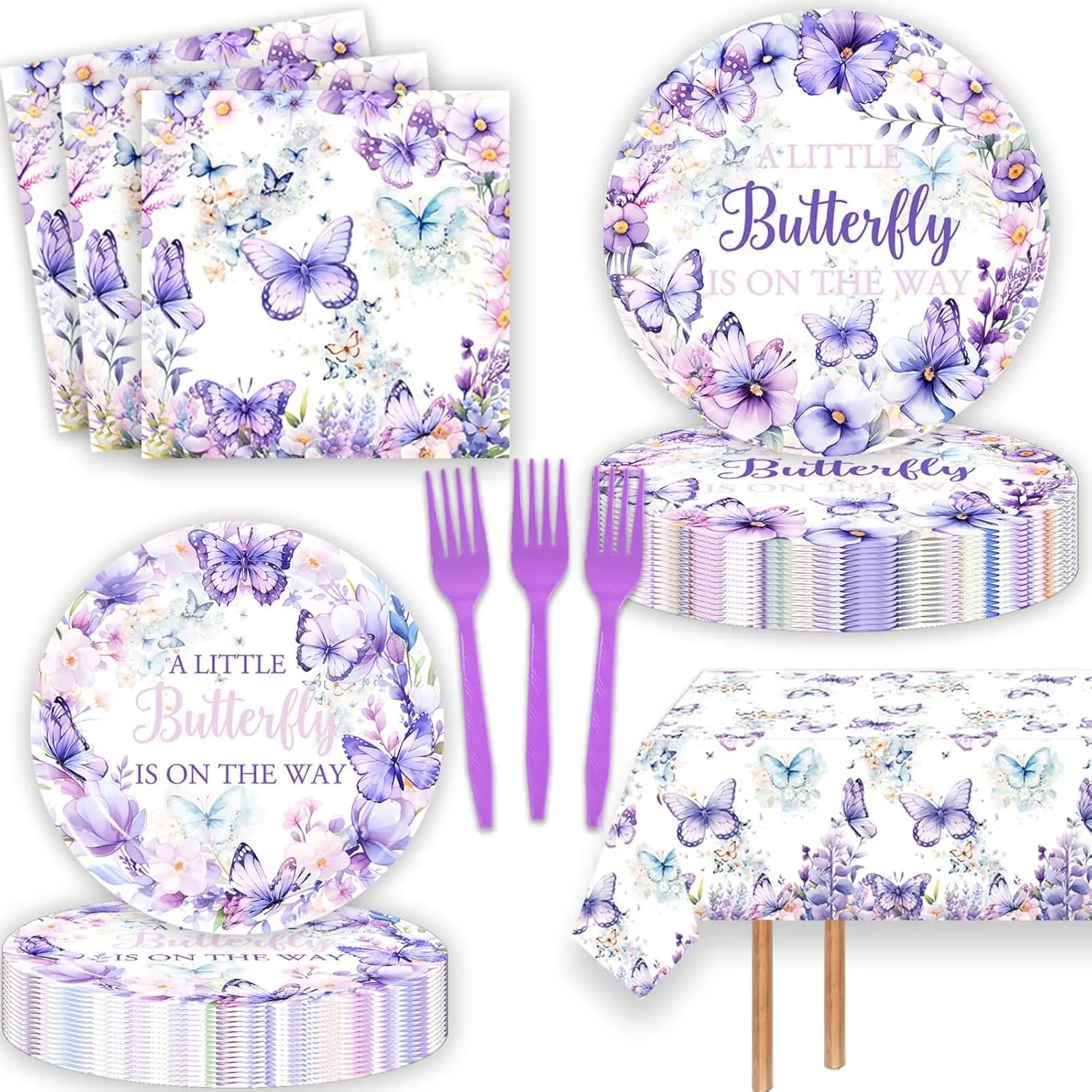 51 count A Little Butterfly Is  The Way Party Supplies Butterfly  Shower Table Cloth Paper Plates Napkins Forks Dinnerware for Butterfly  1st Bday Party Supplies Decorations