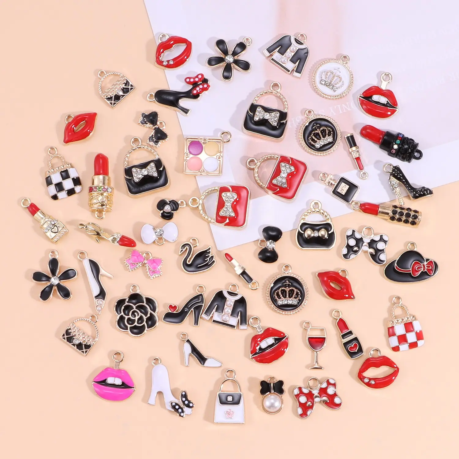16pcs Mixed Valentine's Pendant Set, Enamel Lipstick and High Heel Rose Elements, Perfect for Bracelet Necklace and Earring Making, Fashion Jewelry Accessories, Beads Charms Accessories