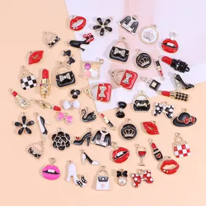 16pcs Mixed Valentine's Pendant Set, Enamel Lipstick and High Heel Rose Elements, Perfect for Bracelet Necklace and Earring Making, Fashion Jewelry Accessories, Beads Charms Accessories