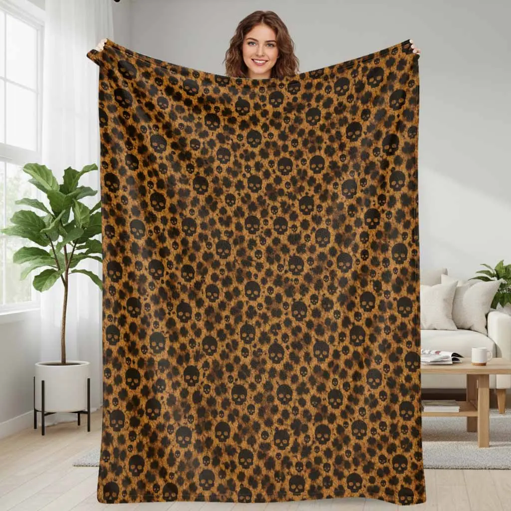 Gothic Skull Print Flannel Blanket Leopard Texture Pattern Super Soft Lightweight Plush Breathable Bedspread Suitable For Living Room Couch Bedroom Decoration Warm Travel Camping Gift