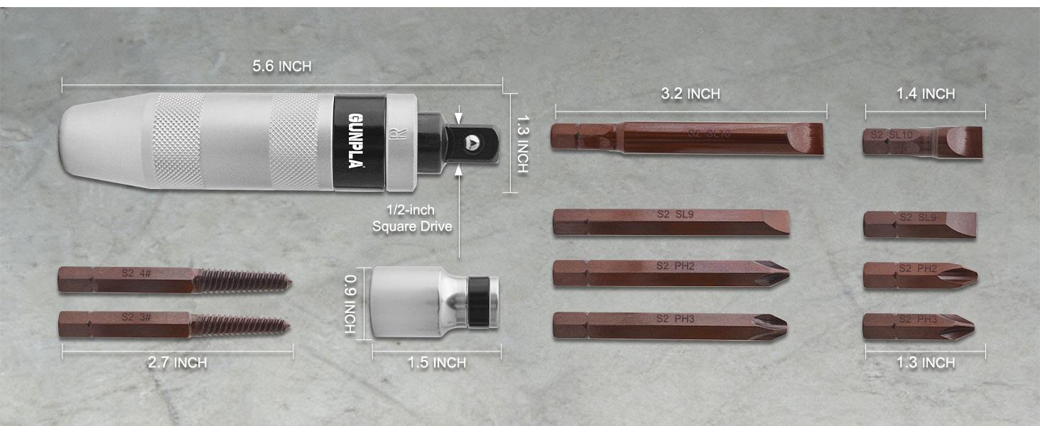 Gunpla 1/2" Heavy Duty Manual Impact Driver Set | S2 Alloy Steel Bits & 40CR Driver | Professional Rusted Bolt Remover & Frozen Nut Extractor | 12Pcs Reversible Impact Screwdriver Kit