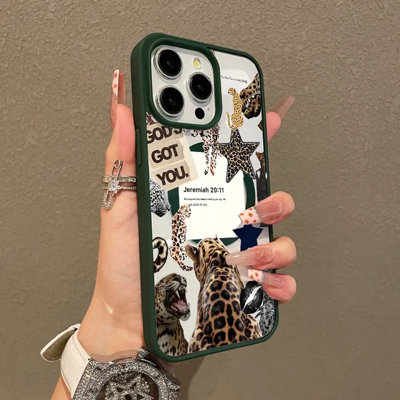 Magnetic Silicone TPU Cellphone Case for iPhone 17/16 E Pro Max/15 Plus/14/13/12/11/XS/XR - Girly Leopard Faith Collage Aesthetic Cover, Shockproof Protector, Scratch-Resistance Accessory for Mobile Devices