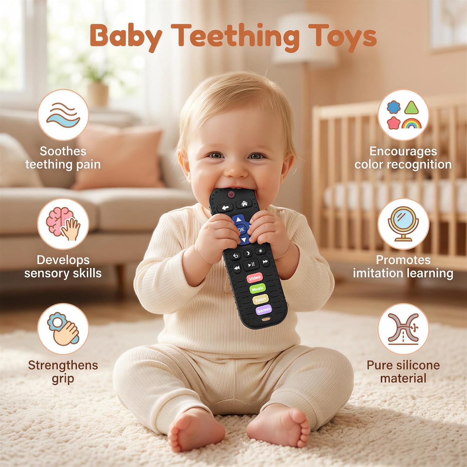 Baby Teething Toy  – Silicone BPA-Free Teether for Babies 3-6 & 6-12 Months, Sensory Chew Toy for Teething Relief, Infant Baby Shower Gift, Black