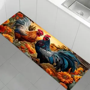 Vintage Farmhouse Rooster Floral Print Kitchen Rug, Flannel Runner Mat, Indoor Home Decor for High Traffic Areas