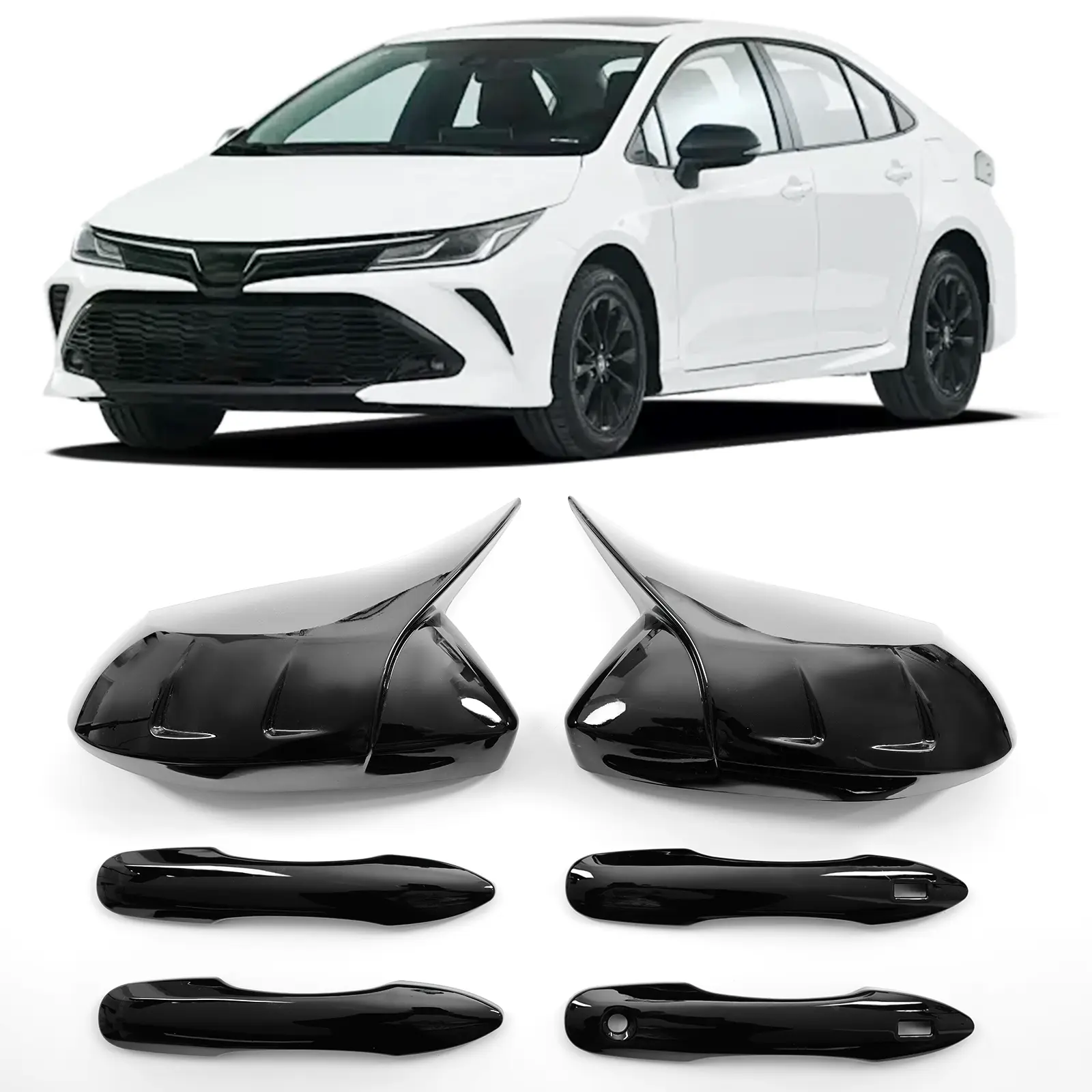 Glossy Black Durable ABS Self-Adhesive Exterior Mod Parts Kit - Toyota Corolla 2014+ Bull Horn Ox Horn Side Mirror Covers, Door Handle Covers, Rearview Mirror Protectors with Decoration Function