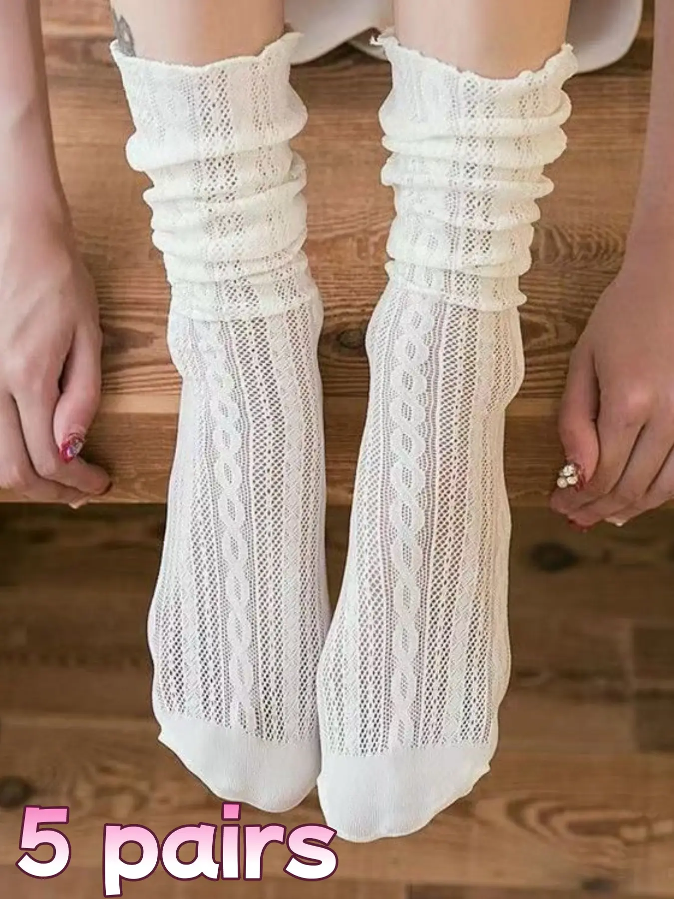 5 Pairs Women's Hollow Out Mesh Tube Socks, Casual Fitted Design, Spring Summer Thin Breathable Stocking, Plain Pattern All Season Wear