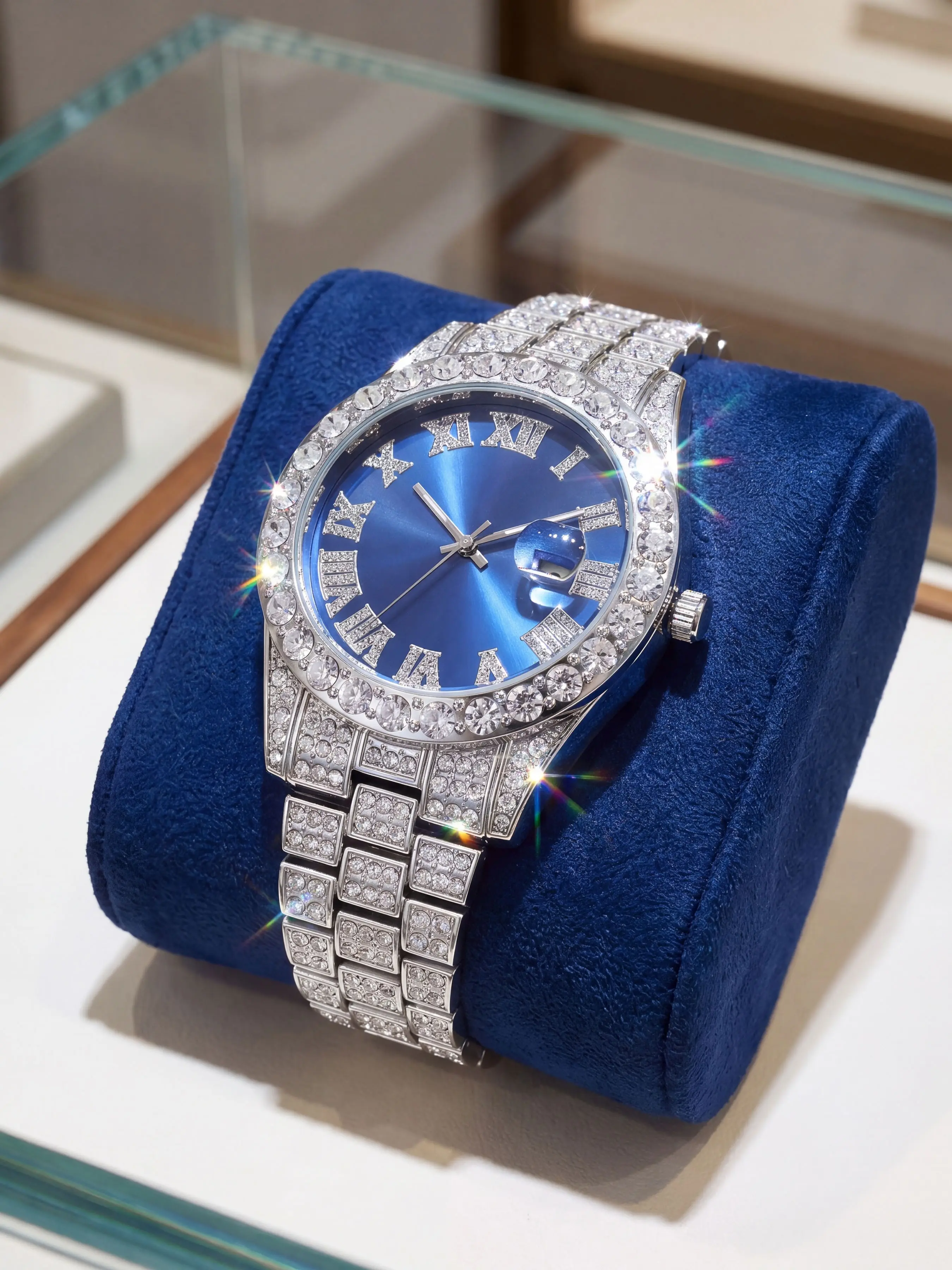 Women's Rhinestone Watch, Blue Dial Silver Color, Crystal Embedded Watch, Includes Gift Box and Link Remover, Elegant Timepiece, Classic Quartz Watch
