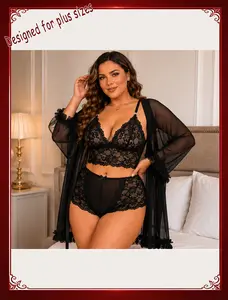 Women's Alluring 3-Piece Lingerie Collection Brassiere and Brief Set featuring Lace Wrap Robe Sleepwear Sheer Night Dress Perfect for Special Occasions and Regular Wear