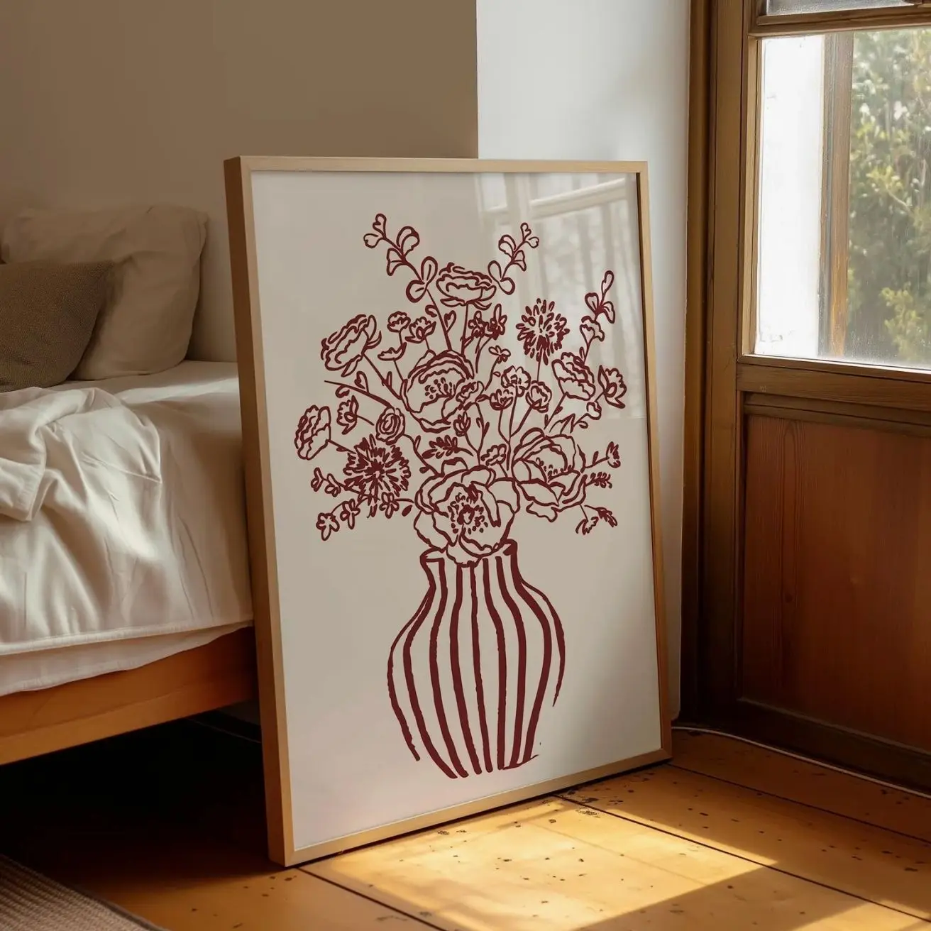 Burgundy Floral Wall Art, Striped Vase Flower Print, Dark Red Bedroom Decor, Valentine's Day Poster I