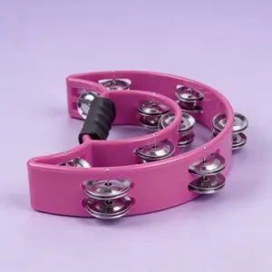 Half Moon Musical Tambourine Double Row Metal Jingles Hand Held Percussion Drum Multicolor (Pink) for KTV Party with Ergonomic Handle Grip