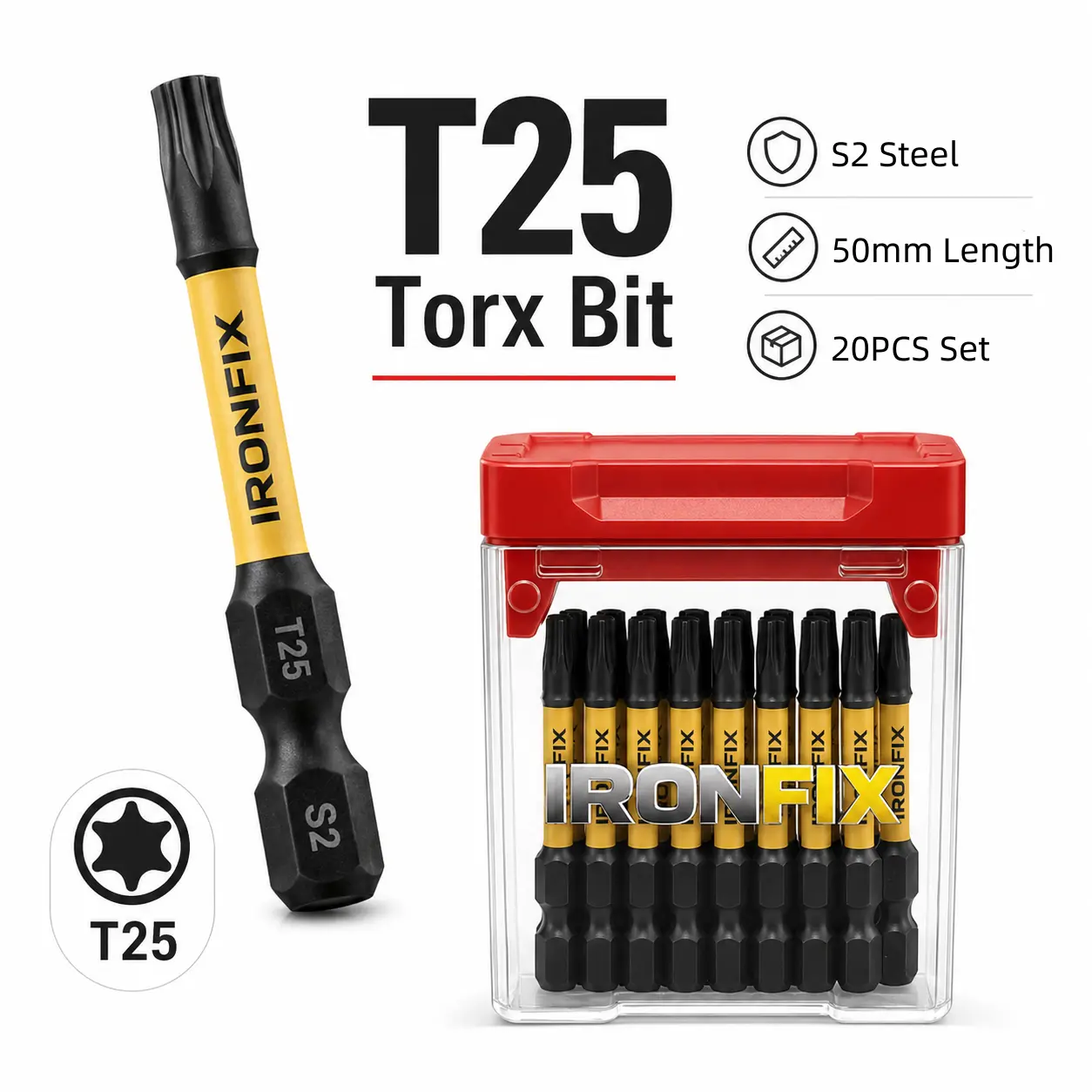 IRONFIX T25 Torx Impact Driver Bits, 50mm S2 Steel Magnetic Screwdriver Bits, Anti-Slip Impact Drill Bits for Electric Drills, Impact Drivers, Automotive Repair, Home DIY