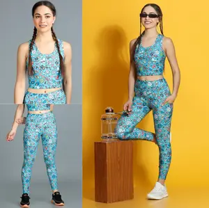 High Waist Printed Leggings & Padded Sports Crop Top Set 2026 – Ankle Length Activewear Gym Workout Outfit for Women