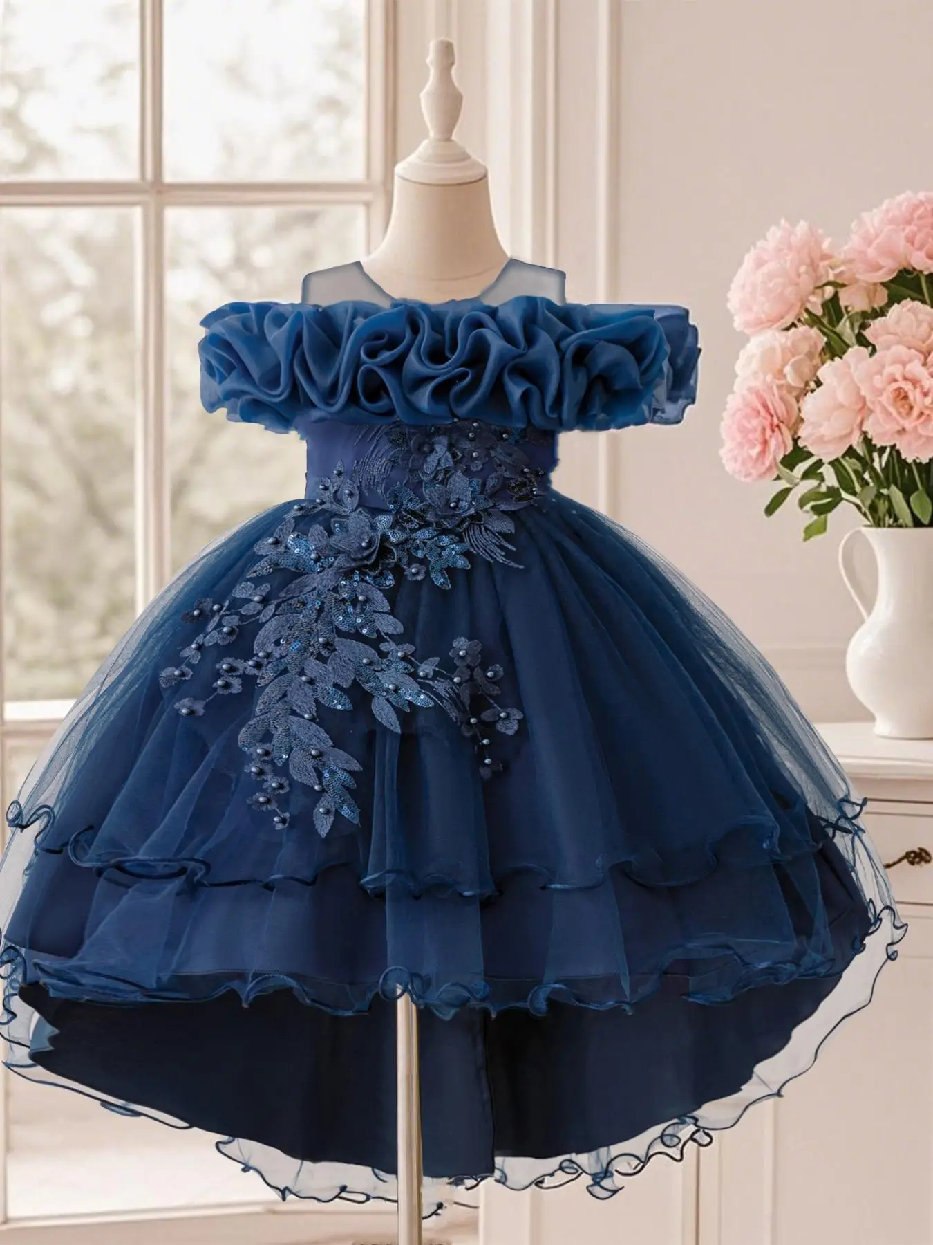 Girl's Sequin Decor Multi-layer Tulle Party Dress, Elegant Sleeveless Round Neck Dress for Party Performance Wedding Guest, Kids Clothes for Four Seas