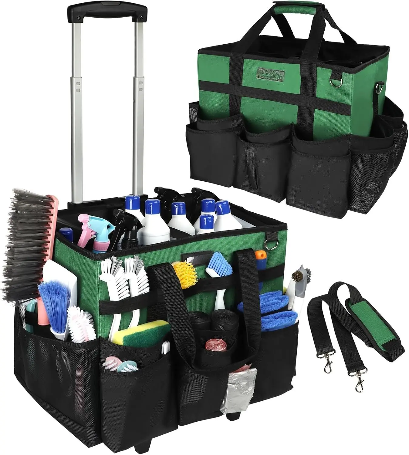 Large Rolling Cleaning  Bag with Wheels, Cleaning Bag with Detachable Trolley, Cleaning Bags on Wheels for Housekeepers, Cleaning Cart Supplies Organizer for , , Picnic (Green)
