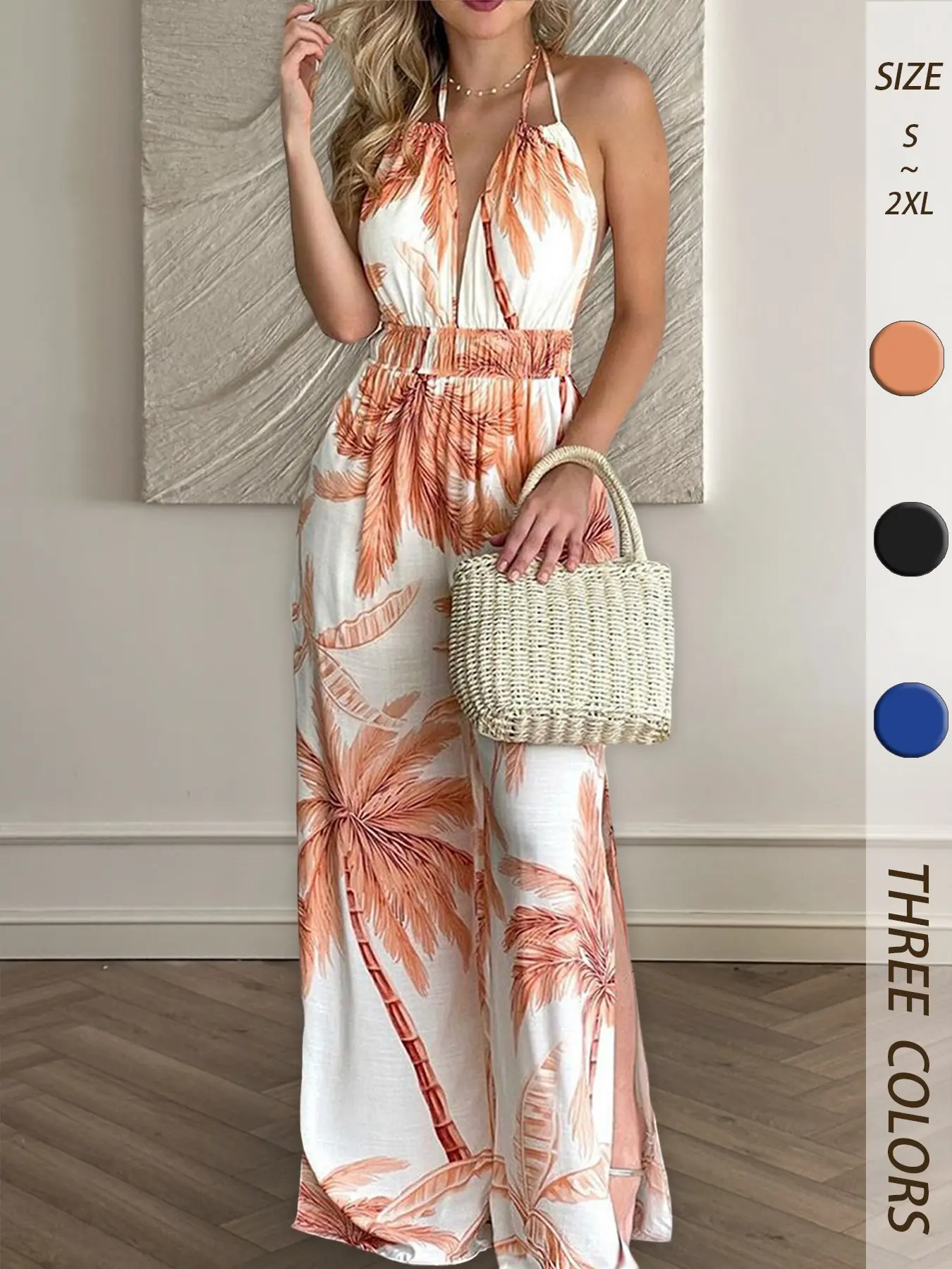 Summer New Halter Neck Tie Back Cut Out Digital Print Colorful Aesthetic Boho Bohemian Leg Jumpsuit for Women, Slimming Fit, Cool Breathable, Vacation Travel Essential Casual Summer Jumpsuit Womenswear