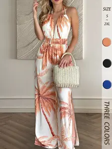 Summer New Halter Tie Back Cut Out Digital Print Colorful Boho Jumpsuit for Women, Slimming Fit, Cool Breathable, Vacation Travel Essential Womenswear